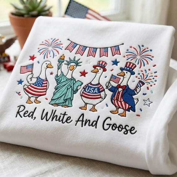 Embroidered Red White And Goose Shirt, Funny 4th Of July Crewneck, Patriotic Goose Shirt, Silly Goose USA Tee, Patriotic Gift
