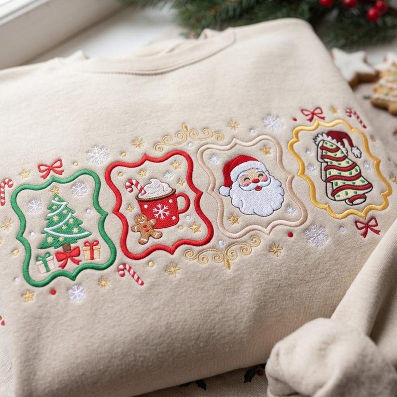 K&ouml;nnte beinhalten: Ein beigefarbenes Sweatshirt mit vier gestickten rechteckigen Rahmen mit gewellten R&auml;ndern. Die Motive zeigen einen gr&uuml;nen Weihnachtsbaum, eine rote Tasse mit hei&szlig;er Schokolade und Lebkuchenmann, ein Weihnachtsmann-Gesicht und einen Baum.