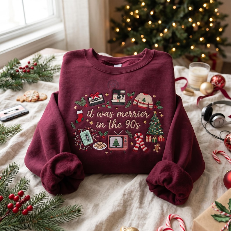 May include: A maroon crewneck sweatshirt featuring embroidered 90s-themed Christmas graphics and the text "it was merrier in the 90s". The design includes a cassette tape, instant camera, television, Christmas tree, and cookies on a light fabric.