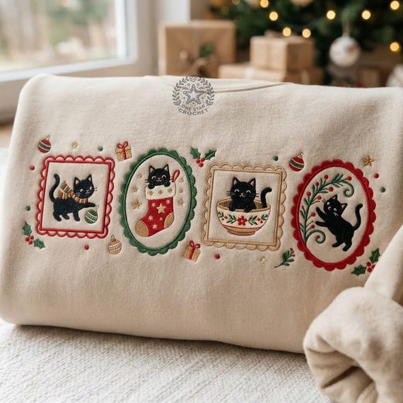 Embroidered Black Cat Christmas Sweatshirt, Cozy Winter Shirt, Christmas Tree Lights Crewneck, Funny Kitty Xmas Tee, Cat Lover Gift