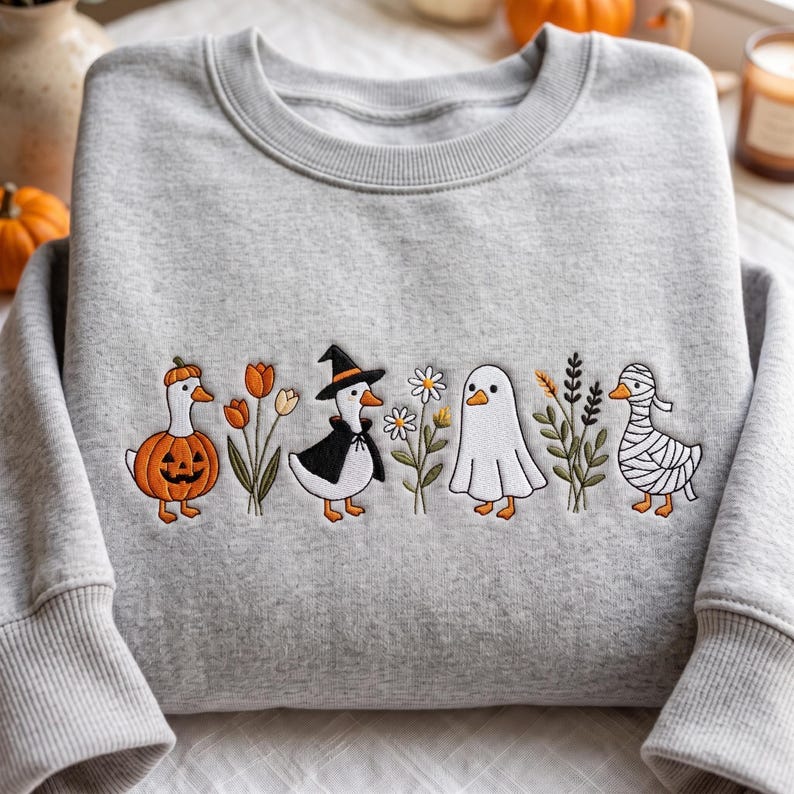 Embroidered Halloween Goose Shirt, Witch Ghost Pumpkin Goose Tee, Spooky Season Shirt, Fall Gift image 3
