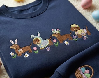 Embroidered Easter Dachshund Sweatshirt, Retro Spring Dog Shirt, Happy Easter Day Crewneck, Cute Sausage Dog, Animal Lover Gift