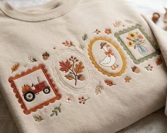 Moletom bordado estilo cottagecore para o outono, blusa de gola redonda aconchegante para a estação, blusa floral com estampa de ganso para o outono, presente feminino para o outono