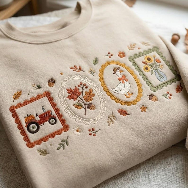 May include: A beige crewneck sweatshirt featuring detailed embroidery of four framed scenes. The designs include a red tractor with a pumpkin, autumn leaves with an acorn, a goose wearing a hat and bow, and a vase of sunflowers, accented by small leaves.