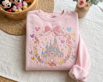 Embroidered Magical Castle Coquette Bow Sweatshirt, Cartoon Pink Ribbon Crewneck, Magic Kingdom Shirt, Family Vacation Gift
