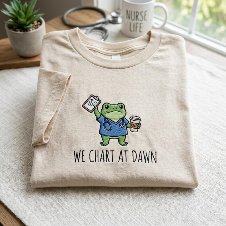 May include: Beige t-shirt featuring a cartoon frog in blue scrubs, holding a clipboard and a coffee cup. The text "WE CHART AT DAWN" is printed below the frog. A mug with "NURSE LIFE" is in the background.