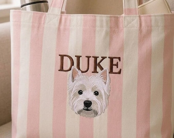 Sac fourre-tout brodé personnalisé avec portrait d'animal de compagnie, sac fourre-tout en toile avec photo de chien personnalisée, sac fourre-tout avec visage de chien ou de chat, cadeau pour amoureux des animaux