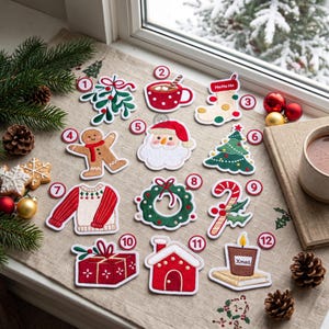 May include: A set of twelve embroidered Christmas-themed patches numbered one through twelve. Designs include mistletoe, a cocoa mug, a stocking, a gingerbread person, Santa, a tree, a sweater, a wreath, a candy cane, a gift, a house, and a candle.