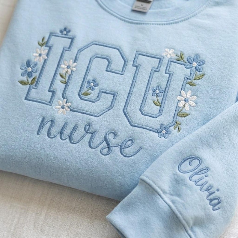 Embroidered ICU Nurse Sweatshirt, Floral Blue Toile Critical Care Apparel, Personalized Floral RN Nurse Shirt, Healthcare Worker Gift image 2