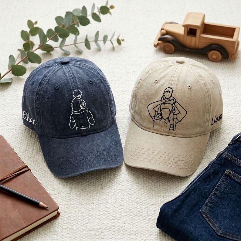 May include: Two baseball caps, one navy blue and one tan, each embroidered with a line drawing of a person carrying a child on their shoulders. The navy cap has the name "Ethan" embroidered on the side, and the tan cap has "Liam".