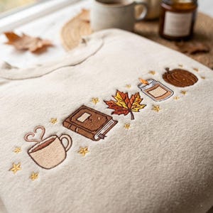 Embroidered Book Lover Sweatshirt, Women's Fall Bookish Crewneck, Autumn Pumpkin Coffee Shirt, Cozy Fall Shirt, Book Lover Gift image 2
