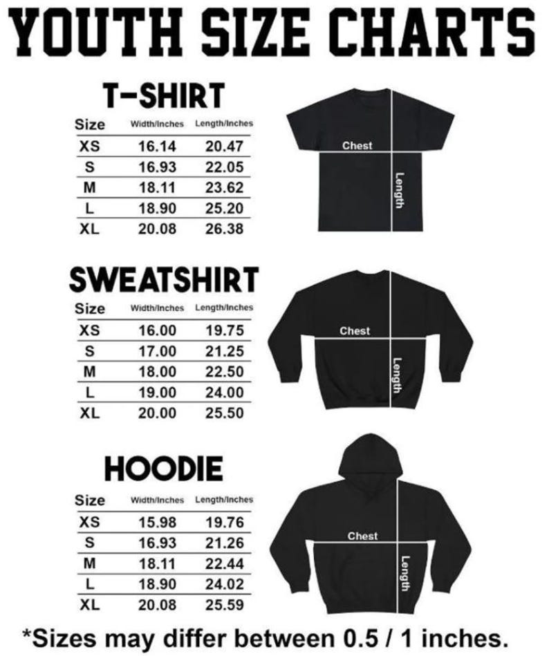 Puede incluir: Un gr&aacute;fico blanco con el texto "YOUTH SIZE CHARTS". Muestra tablas de tallas para camisetas, sudaderas y sudaderas con capucha, con medidas de pecho y largo en pulgadas para las tallas XS a XL. El texto "Sizes may differ between 0.5 / 1 inches" est&aacute; en la parte inferior.