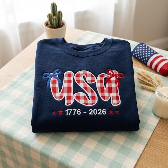 Embroidered 250th Anniversary Sweatshirt, 1776–2026 Patriotic Coquette Shirt, 4th Of July Family Gift, Gingham Applique USA Crewneck