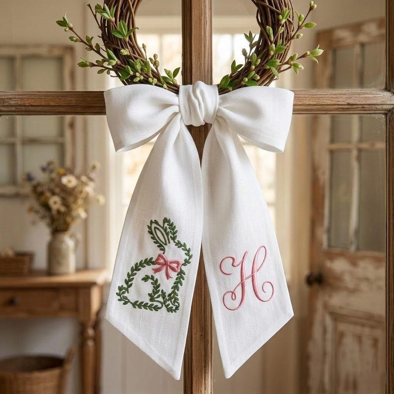 Embroidered Greenery Bunny Embroidered Wreath Sash, Personalised Monogram Front Door Bow, Floral Bunny Sash, Spring Easter Door Decor image 1