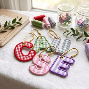 Custom Embroidered Initial Keychain, Personalized Fabric Patch Tag, Gingham Bag Charm for Tote Backpack, Bridal Party Gifts, Girly Tag