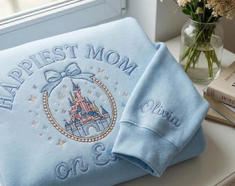 Embroidered Happiest Mom On Earth Shirt, Magic Castle Coquette Bow Sweatshirt, Mama Tee, Mother's Day Gift For Mom, Family Trip Outfit