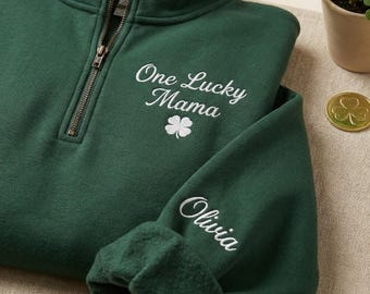 Op maat geborduurd Lucky Mama sweatshirt met kwartrits, St. Patrick's Day-bijpassend familieshirt, gepersonaliseerde moeder/vader ronde hals, Shamrock-shirt