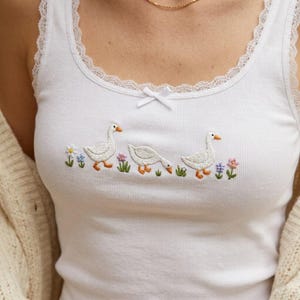 Embroidered Goose Cottagecore Lace Tank Top, Farm Animal Cami Top, Country Summer Tee, Goose Lover Gift