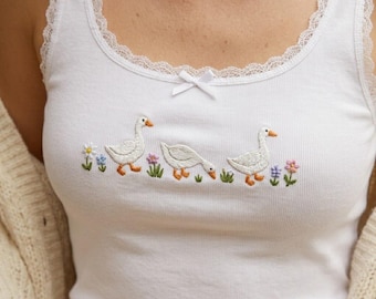 Embroidered Goose Cottagecore Lace Tank Top, Farm Animal Cami Top, Country Summer Tee, Goose Lover Gift