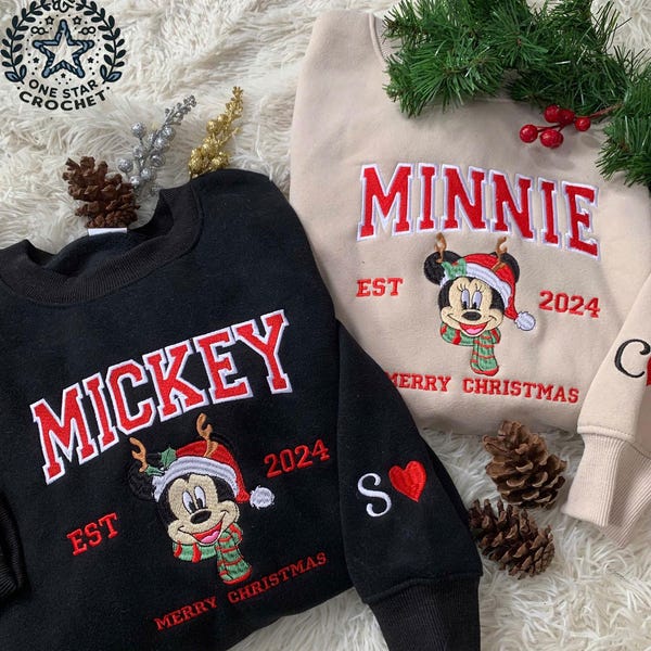Mouse Cartoon And Girl Friend Embroidered Sweatshirt, Christmas Embroidered Sweaters, Mouse Cartoon Couple Christmas Embroidered Jumper