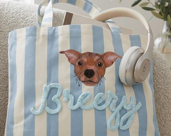 Embroidered Custom Pet Portrait Striped Tote Bag, Personalized Dog Cat Tote Bag, Chenille Beach Bag, Dog Lover Gift