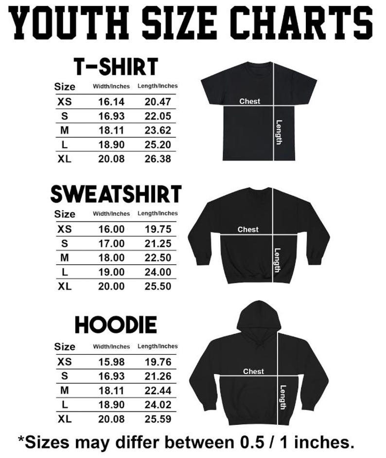 Puede incluir: Gr&aacute;fico blanco con texto negro "YOUTH SIZE CHARTS" con tablas de tallas para camisetas, sudaderas y sudaderas con capucha. Las medidas est&aacute;n en pulgadas para el ancho y el largo, tallas de XS a XL.
