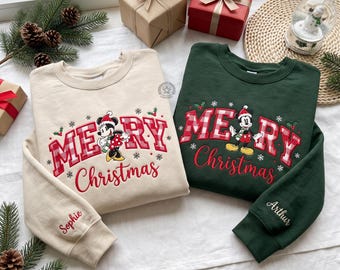 Embroidered Mouse Couple Christmas Sweatshirt, WDW Merry Christmas Shirt, Magical Land Applique Crewneck, Holiday Trip Gift