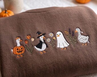 Embroidered Halloween Goose Shirt, Witch Ghost Pumpkin Goose Tee, Spooky Season Shirt, Fall Gift
