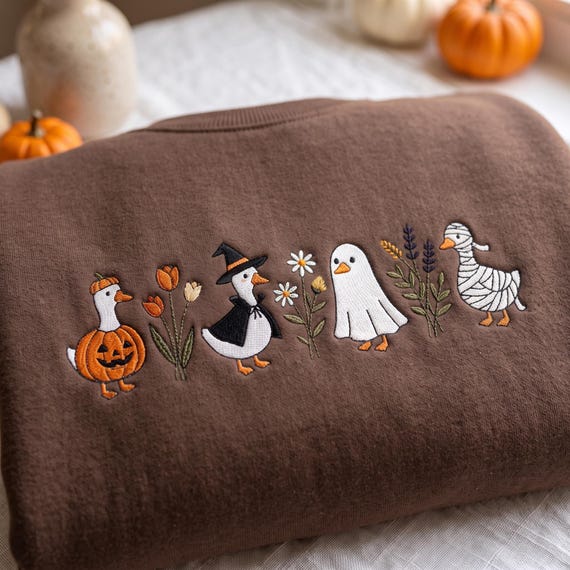 Embroidered Halloween Goose Shirt, Witch Ghost Pumpkin Goose Tee, Spooky Season Shirt, Fall Gift