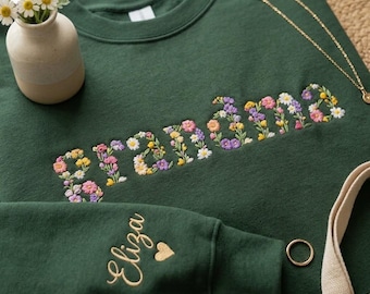 Sudadera bordada personalizada con flores para abuela, camiseta floral para abuela con nombre en la manga, camiseta personalizada para abuela, regalo para mamá.