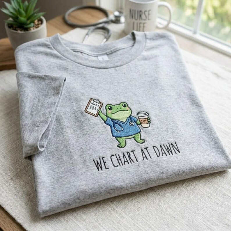 May include: A heather gray t-shirt featuring an embroidered cartoon frog dressed as a nurse, holding a clipboard and a coffee cup. The text "WE CHART AT DAWN" is below the frog. A mug with "NURSE LIFE" is in the background.
