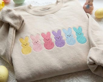 Embroidered Colorful Easter Bunnies Sweatshirt, Pastel Cute Bunny Crewneck, Easter Day Shirt, Easter Gift