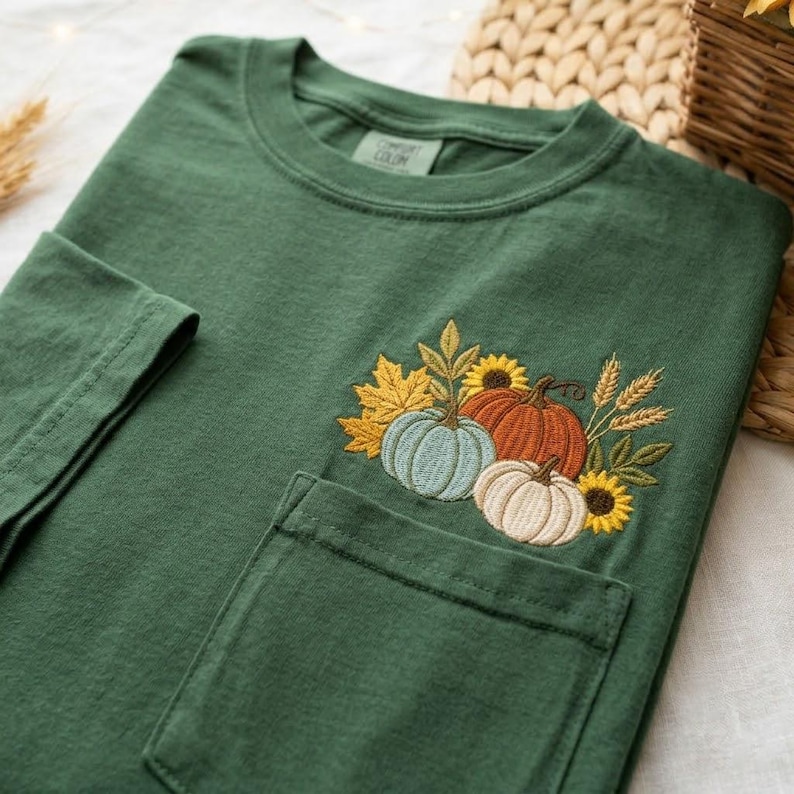 May include: A forest green short-sleeve t-shirt with a chest pocket. The shirt features an embroidered design of three pumpkins in light blue, orange, and white, accented with yellow sunflowers, golden maple leaves, and stalks of wheat.
