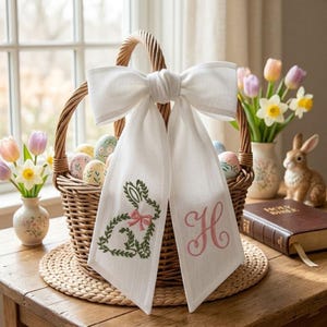 Embroidered Greenery Bunny Embroidered Wreath Sash, Personalised Monogram Front Door Bow, Floral Bunny Sash, Spring Easter Door Decor image 3