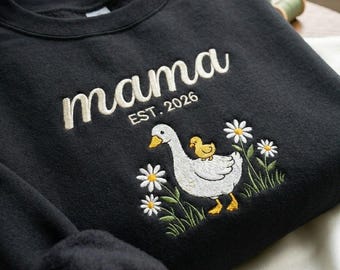 Sweat-shirt maman-oie brodé, col rond personnalisé pour nouvelle maman, chemise maman fleurie personnalisée, cadeau pour la fête des mères