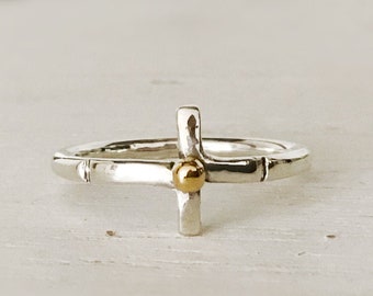 Handcrafted Sterling Silver Cross Ring Band with 14Karat Gold Pebble, All Sizes,  Sideways Cross Ring, Mixed Metal Cross Ring band