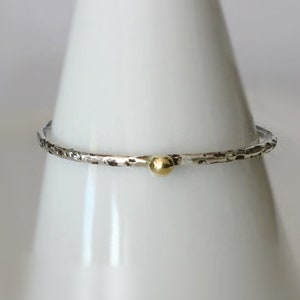 Thin, Textured Sterling Silver Ring Band for Women and Girls with Tiny, Solid 18k Yellow Gold Pebble