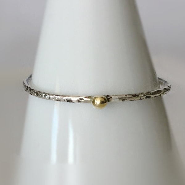 Thin, Textured Sterling Silver Ring Band for Women and Girls with Tiny, Solid 18k Yellow Gold Pebble