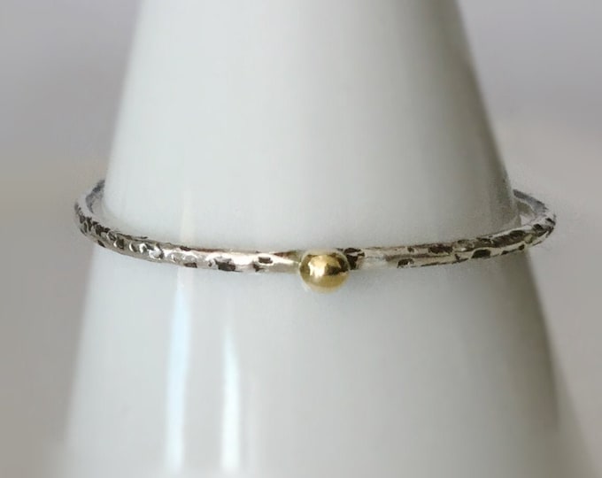 Thin, Textured Sterling Silver Ring Band for Women and Girls with Tiny, Solid 18k Yellow Gold Pebble