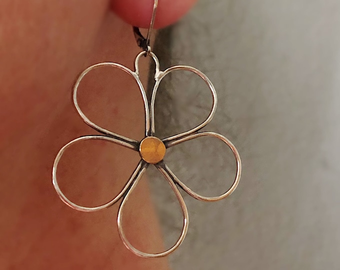 Large Sterling Silver Flower Earrings with 14k Yellow Gold Center for Women, On Lever Back Ear Wire, Boho Style