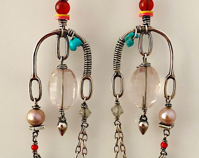 Long Earrings, One of A Kind Earrings, Unique Sterling Silver Earrings, Boho Earrings, Earrings for Her, Gemstone Earrings, Gift for Her