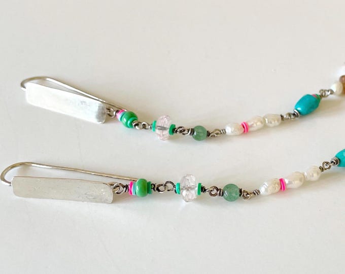 Handmade Sterling Silver Beaded Earrings with Pearls, Long Dangle Jewelry