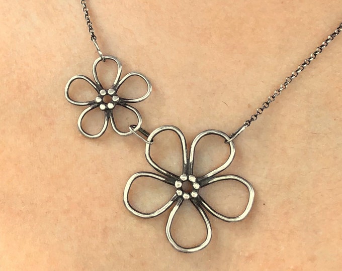 Silver Flower Necklace, Statement Flower Necklace for Women, Unique Sterling Silver Necklace, Mother Daughter Necklace, Adjustable Chain