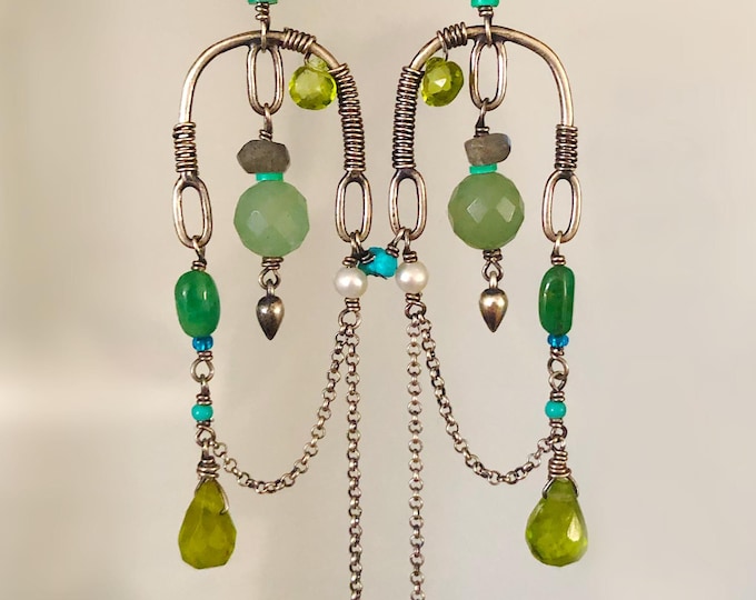 Long Green Earrings, Sterling Silver Earrings, Chandelier Earrings, One Of a Kind, Peridot Earrings, Gift for Her, Jewelry