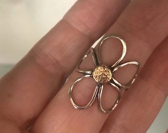 Large Sterling Silver Flower Ring, 14k Yellow Gold, Sterling Center, Big Floral Ring, Statement Ring, All Sizes, Mothersday, Boho Jewelry