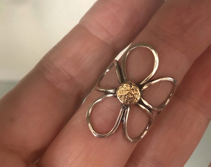 Flower Ring, 14k Yellow Gold, Sterling Center, Big Daisy Ring, Statement Ring, All Sizes, Mothersday, Boho Jewelry, Mixed Metal Ring, Gift