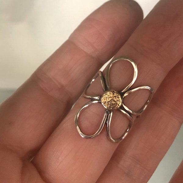 Large Sterling Silver Flower Ring, 14k Yellow Gold, Sterling Center, Big Floral Ring, Statement Ring, All Sizes, Mothersday, Boho Jewelry