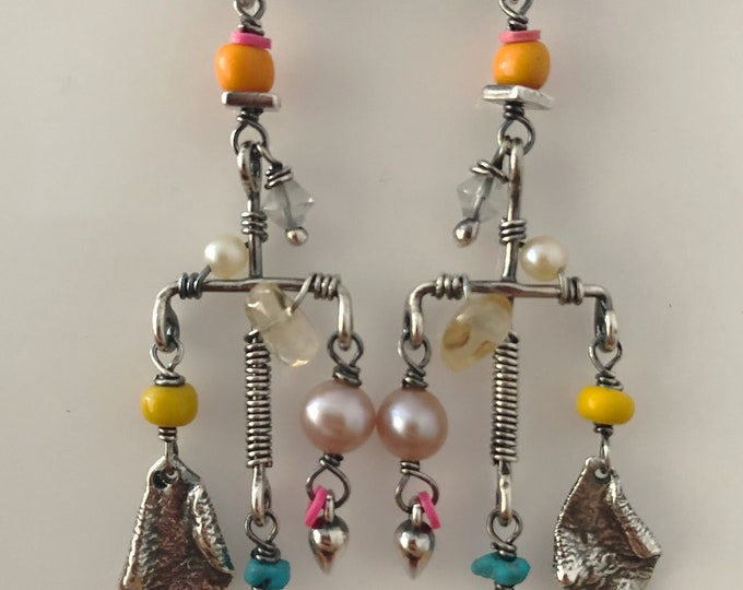 Multi Stone  Earrings, Chandelier Earrings, Long Sterling Silver Earrings, Colorful Earrings, Pearl Earrings with Citrine and Pearls, Boho