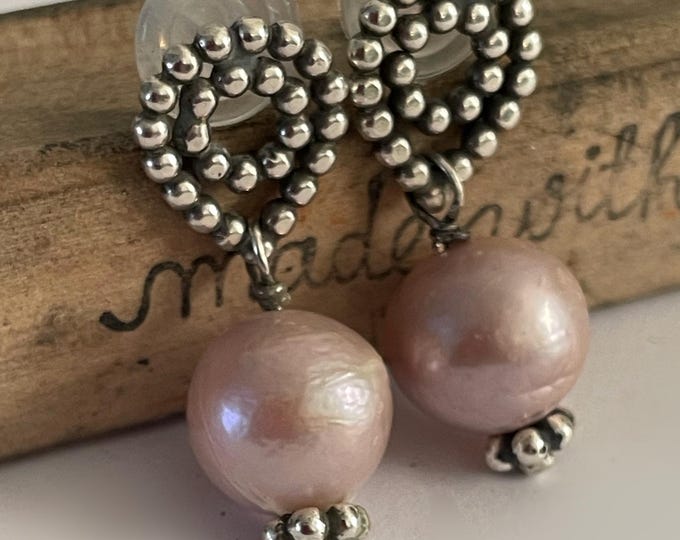 Handmade Sterling Silver Powder Pink Pearl Dangle Earrings, Boho Style