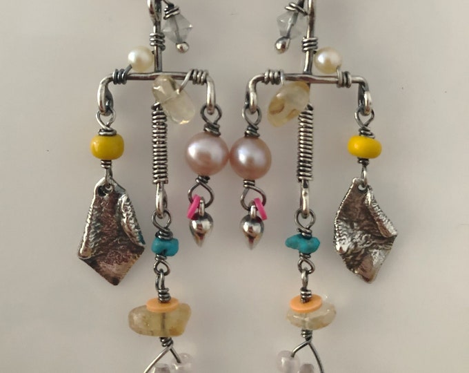 Multi Stone  Earrings, Chandelier Earrings, Long Sterling Silver Earrings, Colorful Earrings, Pearl Earrings with Citrine and Pearls, Boho
